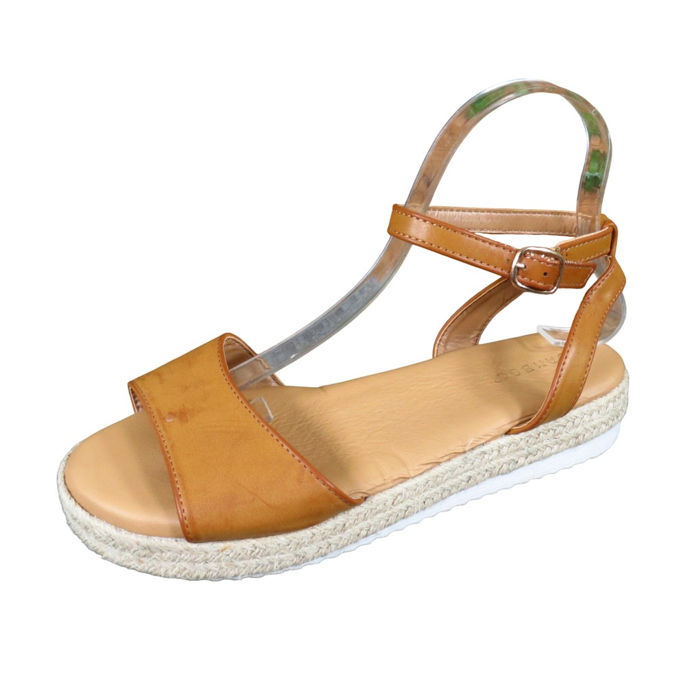 Bamboo Women Ankle Strap Espadrille Platform Sandal 8.5 Summer Tan Faux Leather